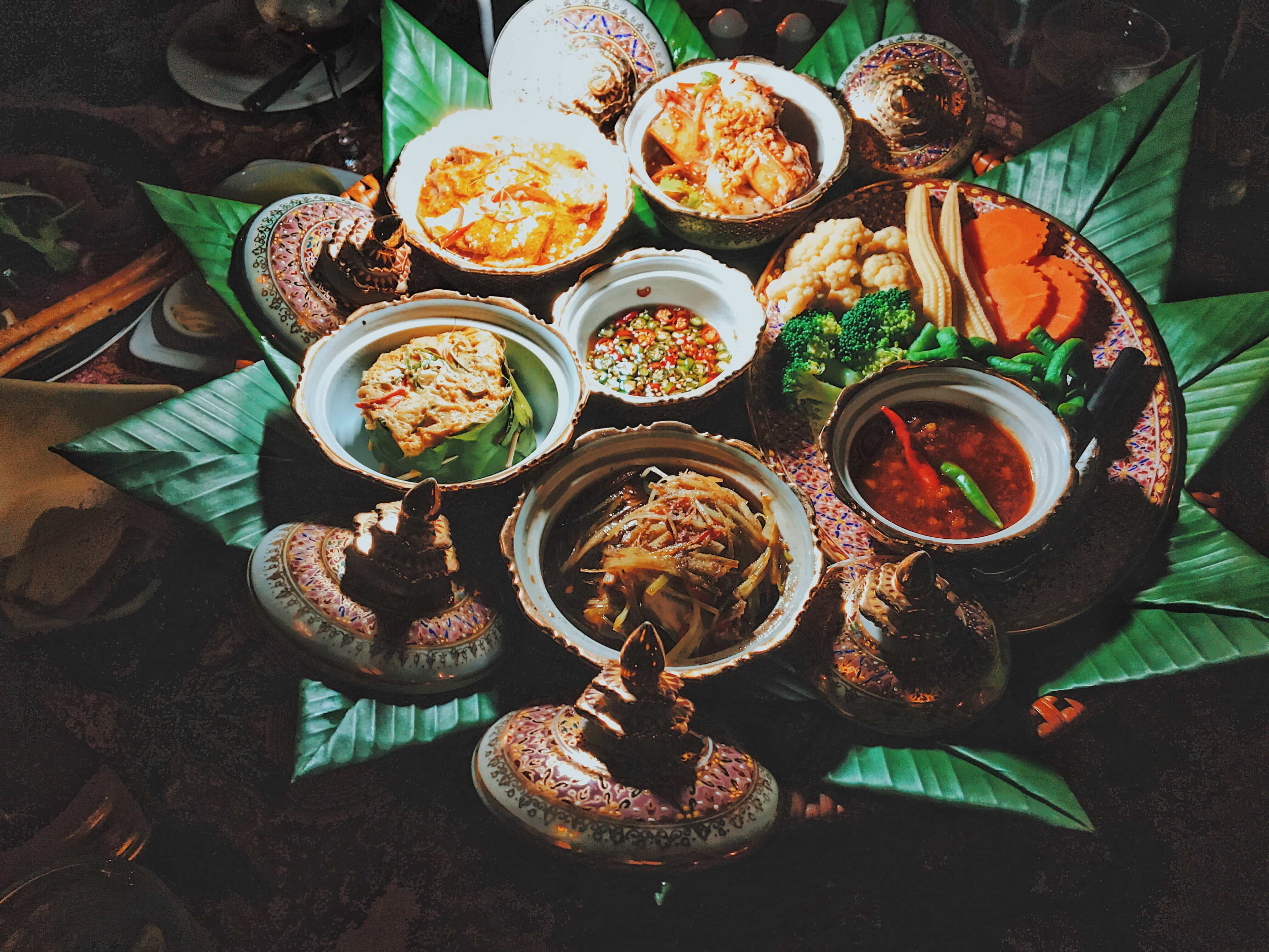 Thai Food And Thai Dishes, Thai food: Royal Kantoke, set dinner for two, with authentic Thai dishes served in Poppies Restaurant, Koh Samui Thailand.