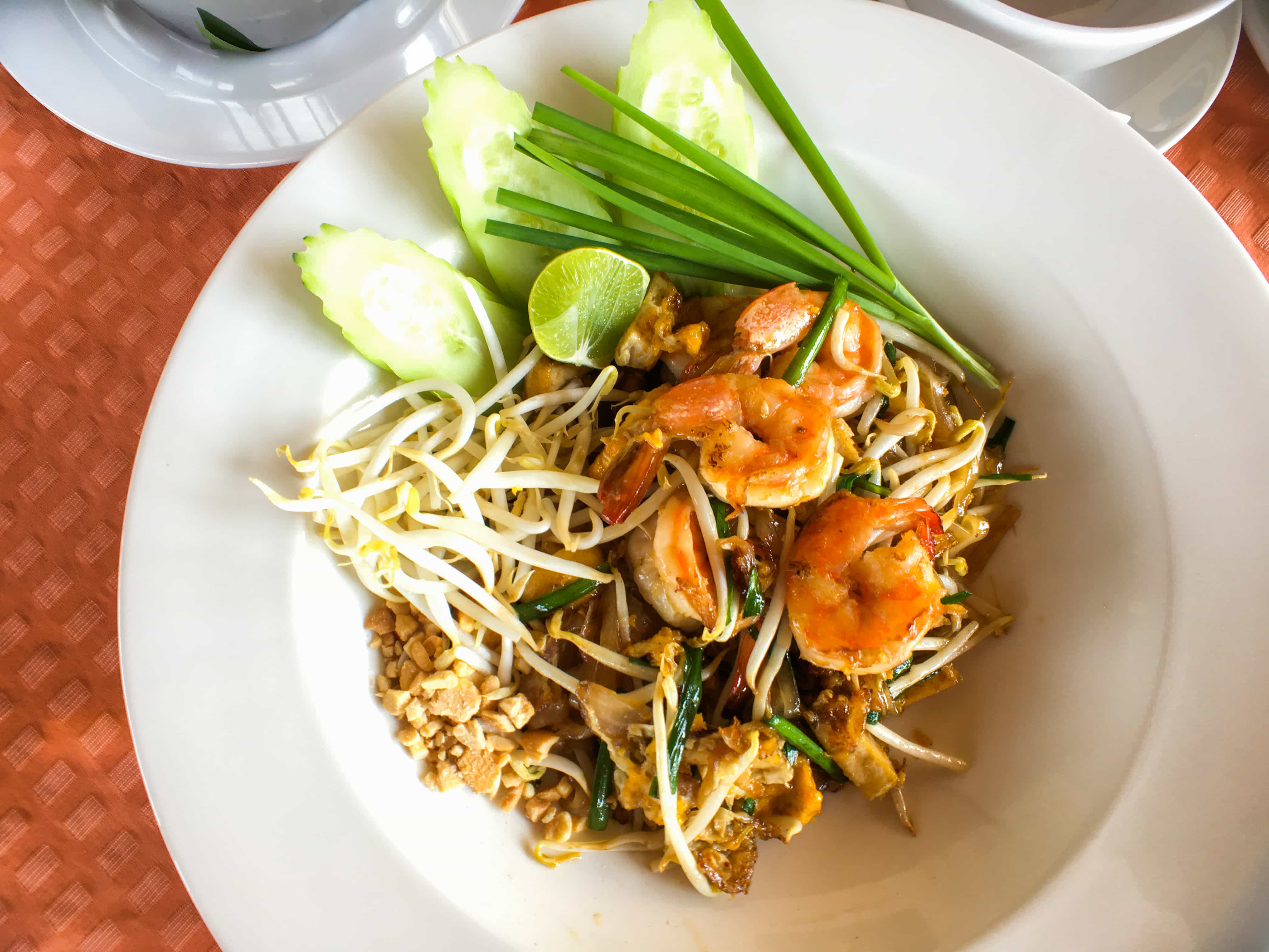 Thai Food And Thai Dishes, Our favorite Thai food in Thailand, noodles with seafood or pork and vegetables and we enjoyed it in Riva Arun Bangkok.