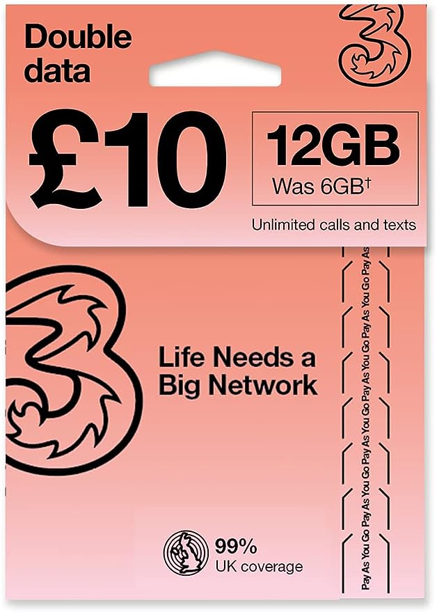 Edinburgh Airport SIM Card PrePaid Europe UK THREE sim card 12GB data3000 minutes3000 texts for 30 days with FREE ROAMING USE in 71 destinations including all European countries