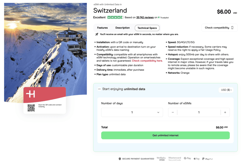 Holafly Europe eSIM for Switzerland 