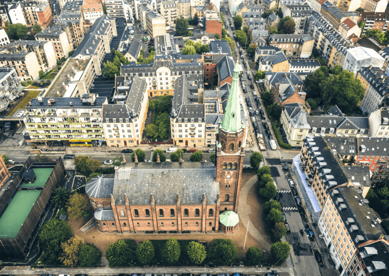48 Hours in Copenhagen - A drone shot of the hip and urban neighborhood,  Vesterbro Copenhagen 